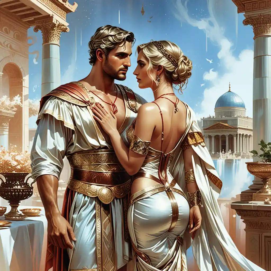 Ancient royal couple at a decadent roman courtyard banquet