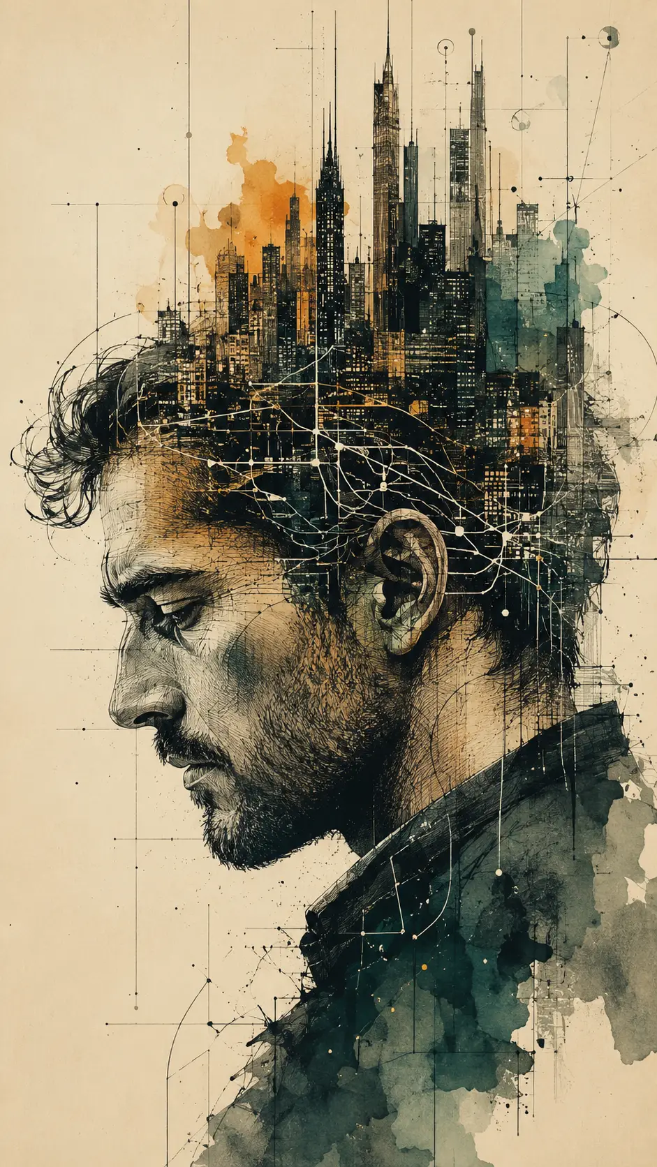 Surreal profile portrait of a man with citylike thoughts