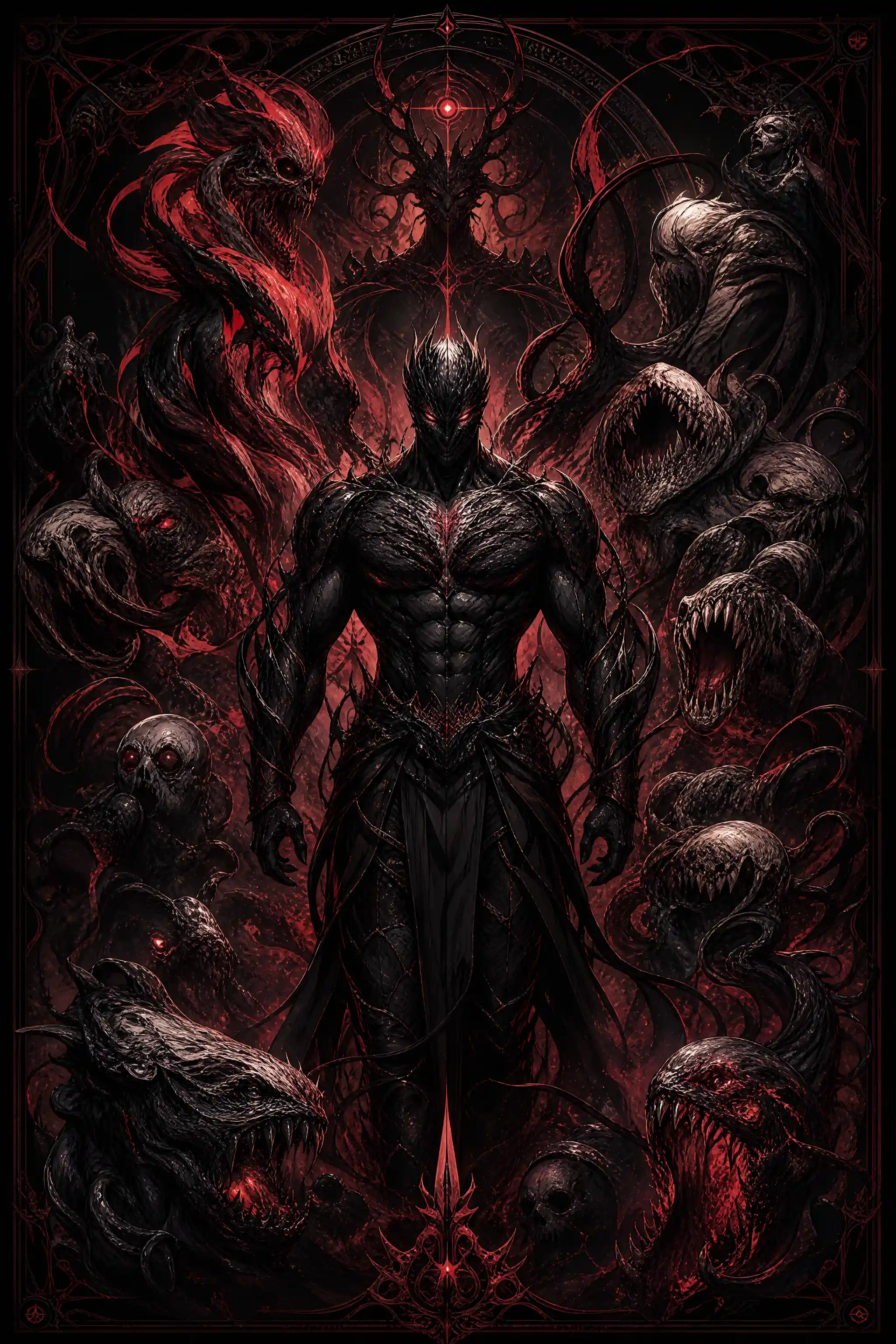 Re umanoide d’ossidiana circondato da creature horror eldritch