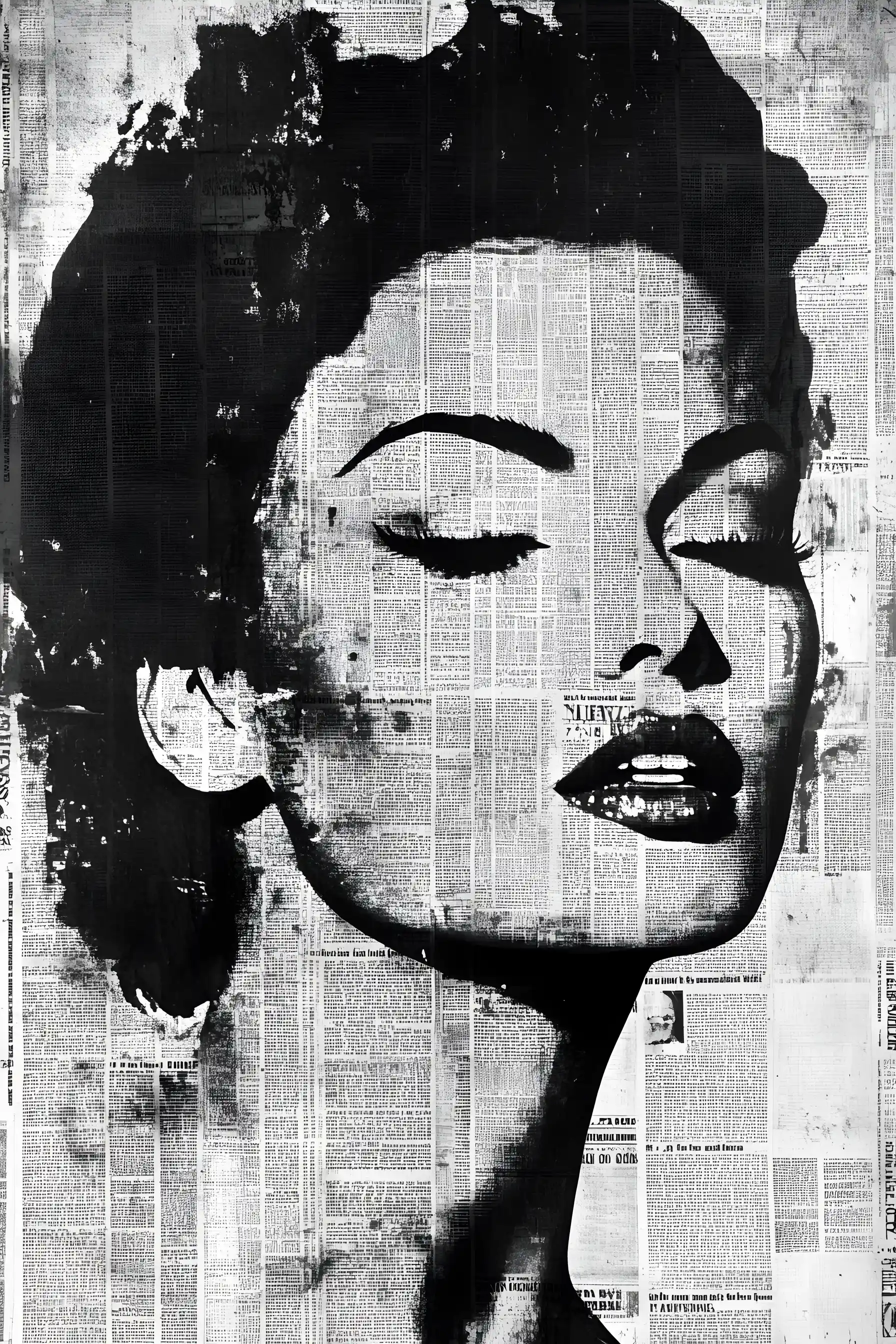 Black and white newspaper collage portrait of a stylish woman