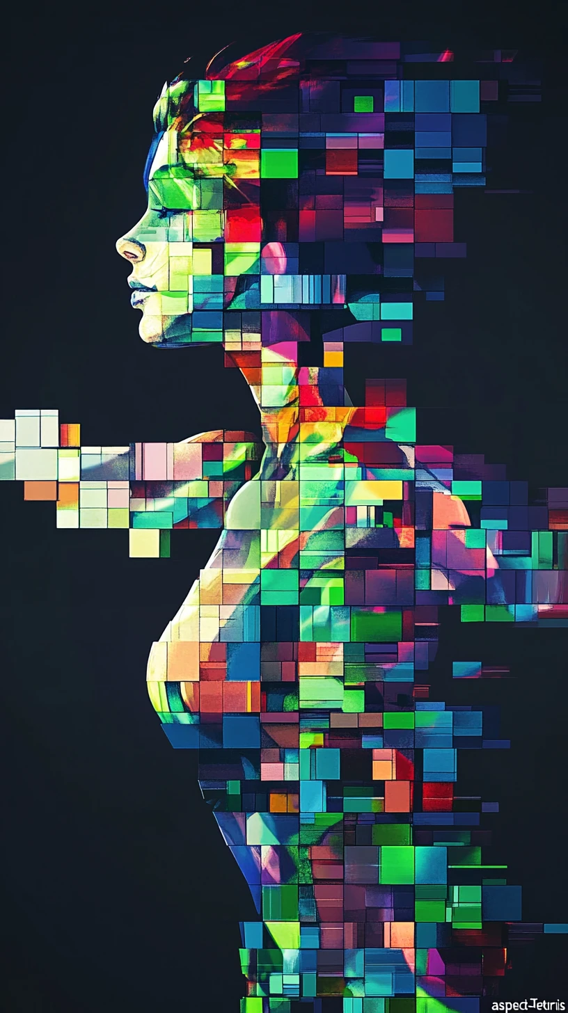 Blocos coloridos ao estilo Tetris formando uma figura feminina abstrata