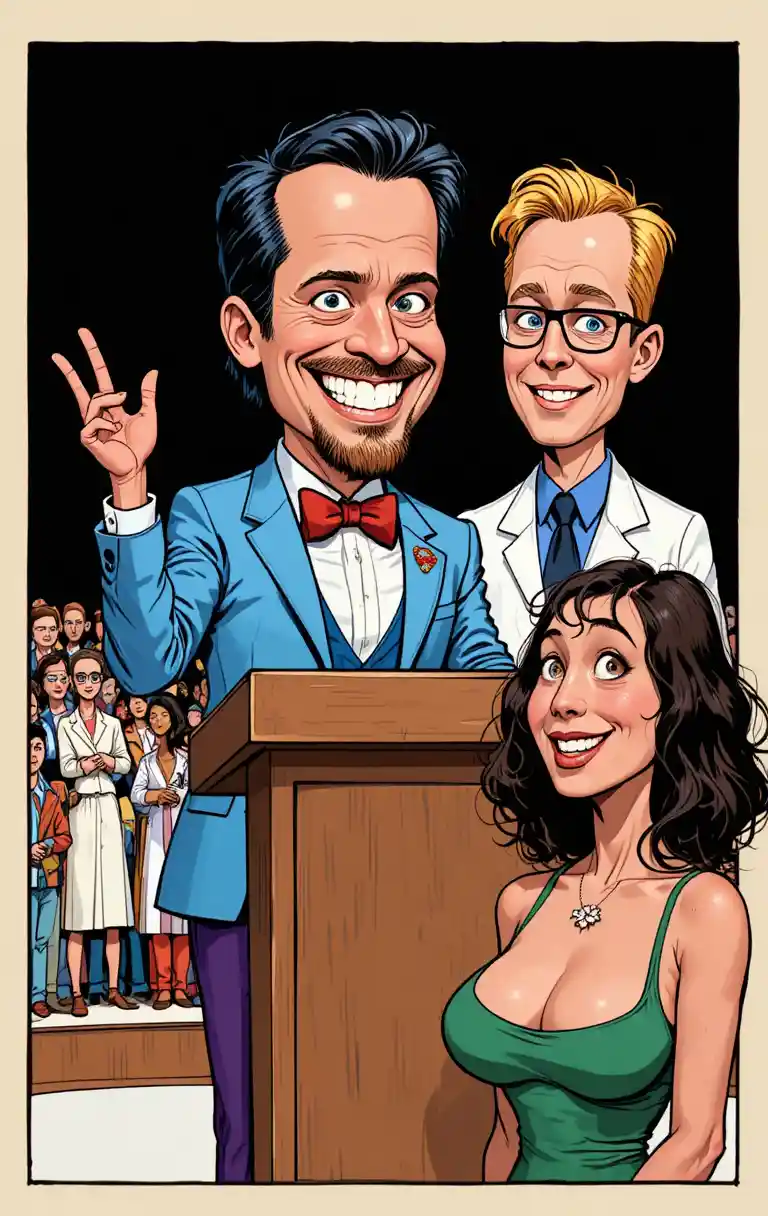 Cartoon-Redner am Podium vor einem vereinfachten Publikum