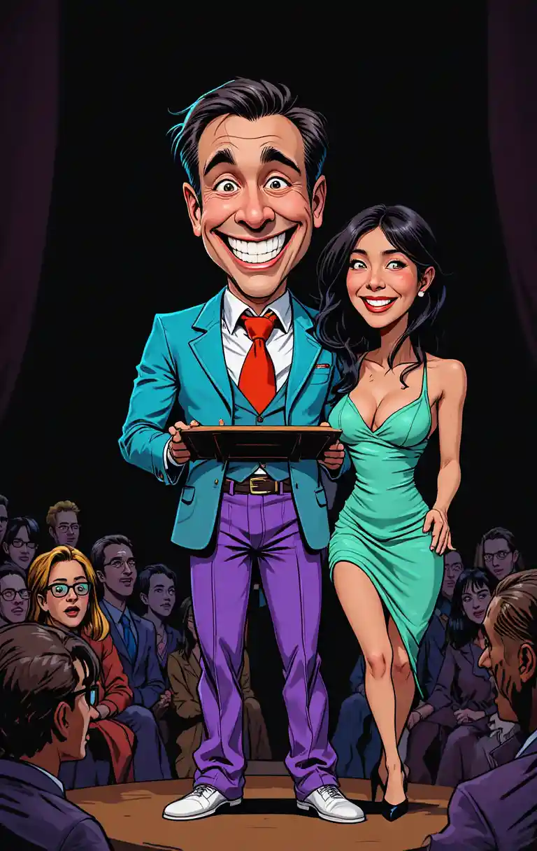 Orateur caricaturé sur scène avec un style BD audacieux