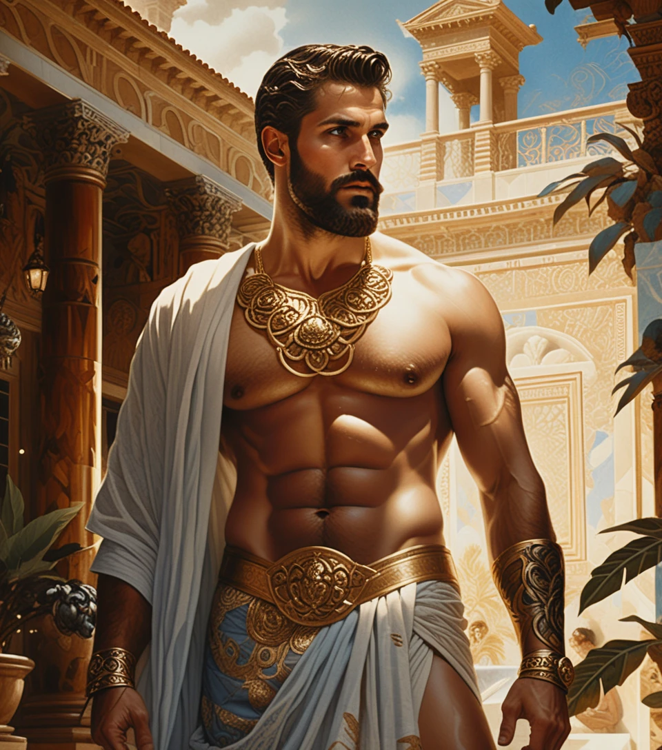 Seductive bearded man in toga at twilight courtyard