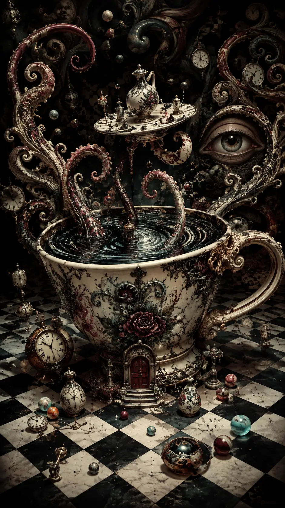 Surreal Antique Teacup On Checkerboard With Emerging Tentacles