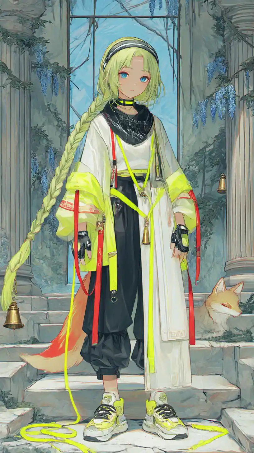 Futuristic anime girl in neon outfit and metal accessories