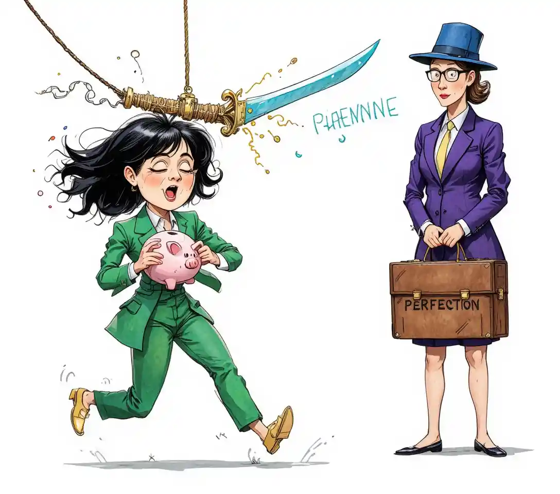 Woman sprinting with piggy bank under dangling sword