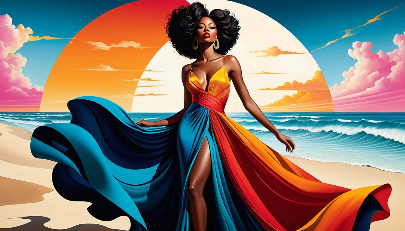 Ilustração surreal de uma elegante mulher negra em vestido de gala