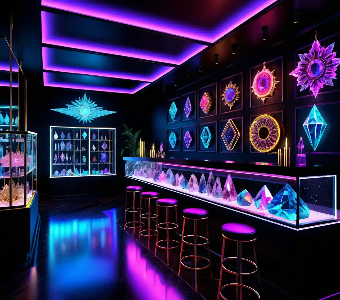 Galería Mística de Joyería de Cristal en un Interior de Fantasía Iluminado por el Sol