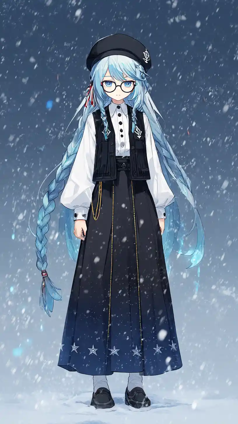 Mujer de anime en base invernal geométrica nevada con luces azules