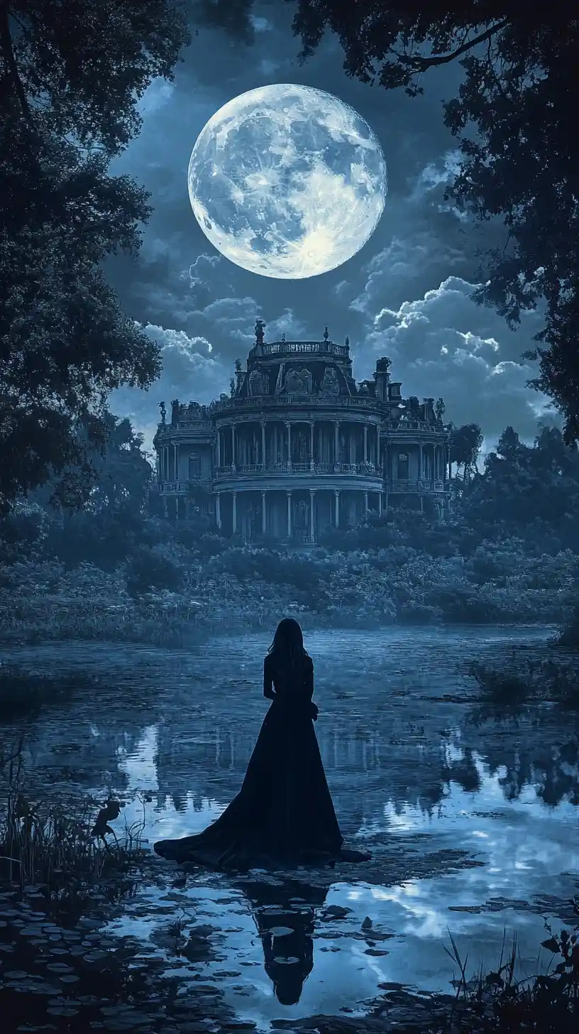Silhouette an einem mondbeschienenen Teich neben einem viktorianischen Herrenhaus