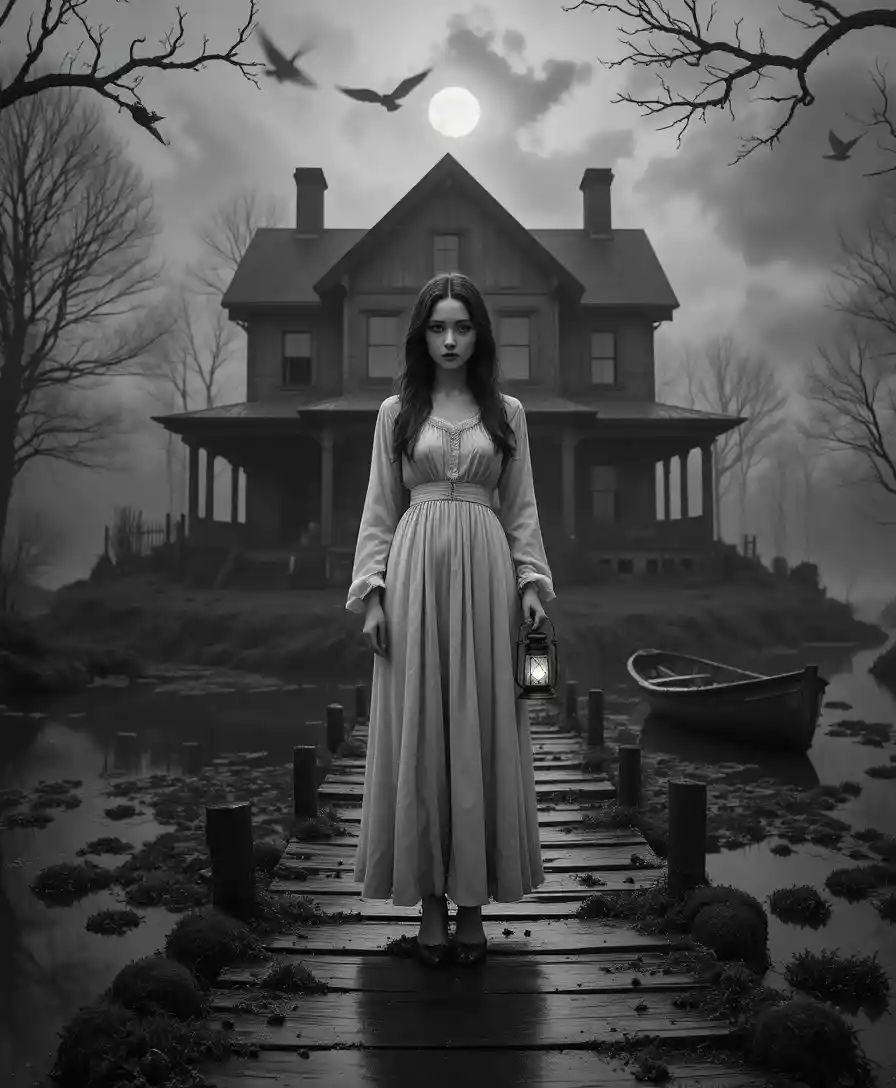 Woman on a foggy bridge before an abandoned Victorian house