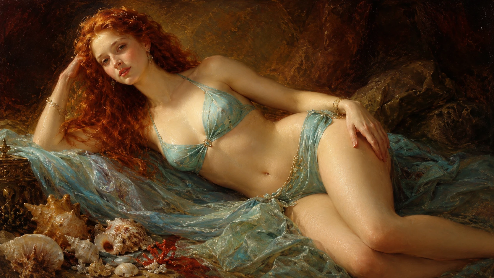 Mulher ruiva reclinada em pintura clássica a óleo