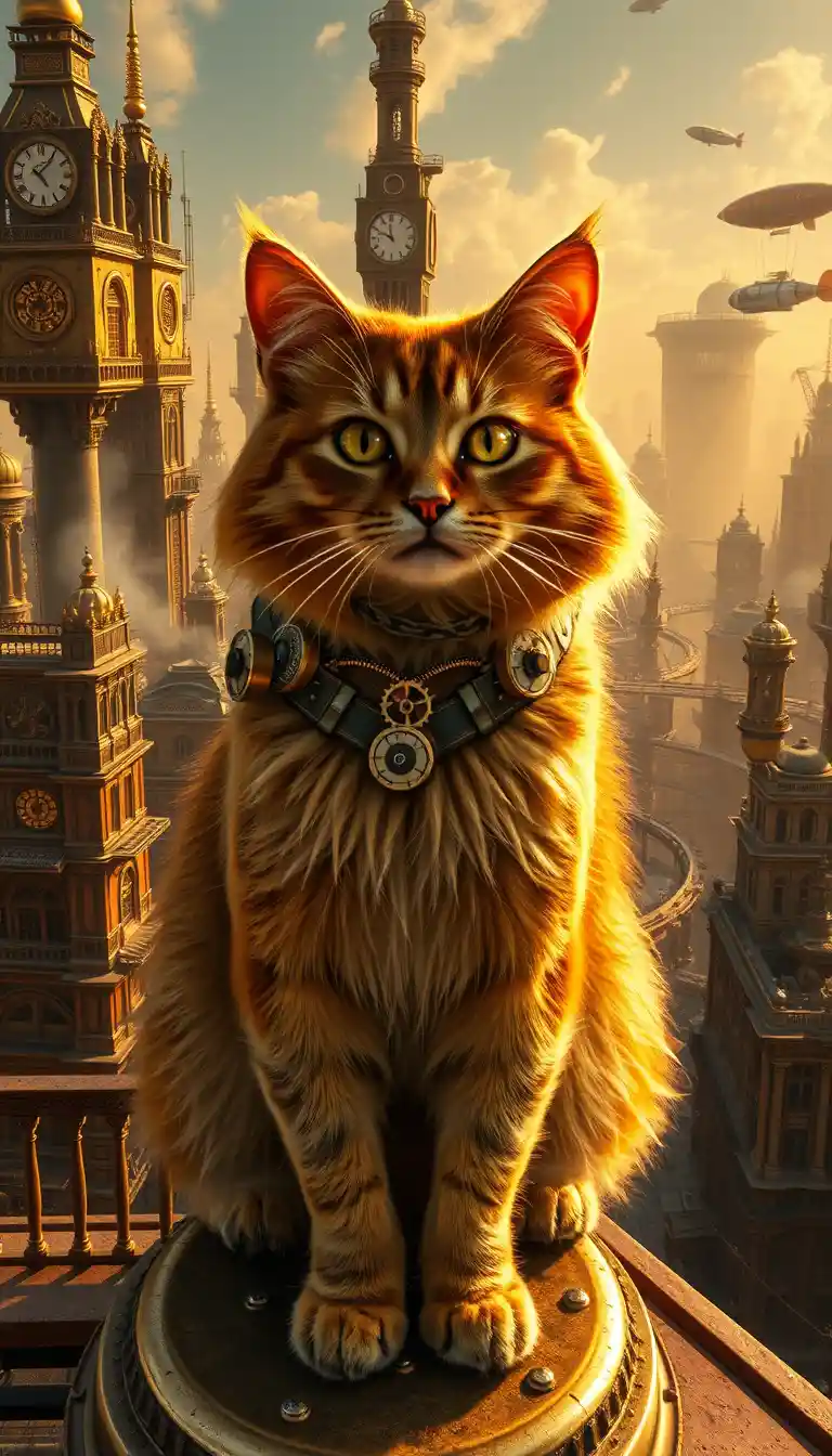 Goldene Steampunk-Katze mit Blick über die weitläufige Uhrwerkstadt