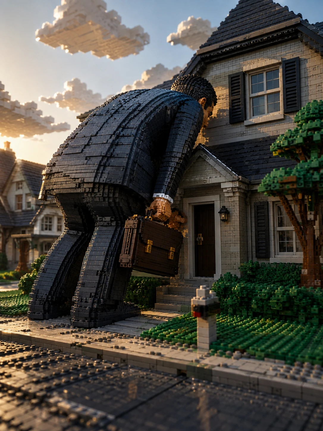 Gigantesco hombre de negocios en la diminuta puerta de una casa suburbana de ladrillo
