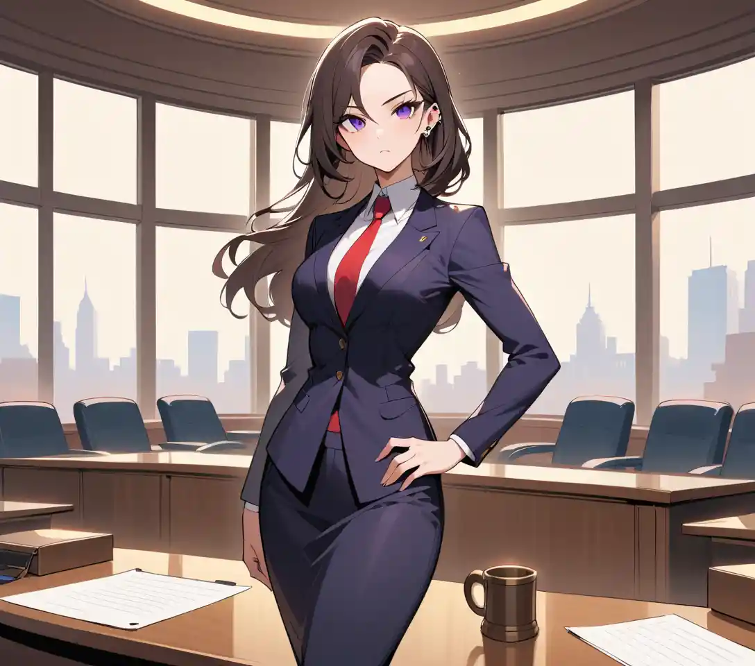 Confident female lawyer standing tall in modern courtroom