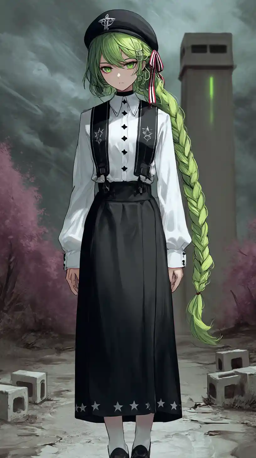 Grünhaariges Anime-Mädchen mit Sternen in dunkler Uniform
