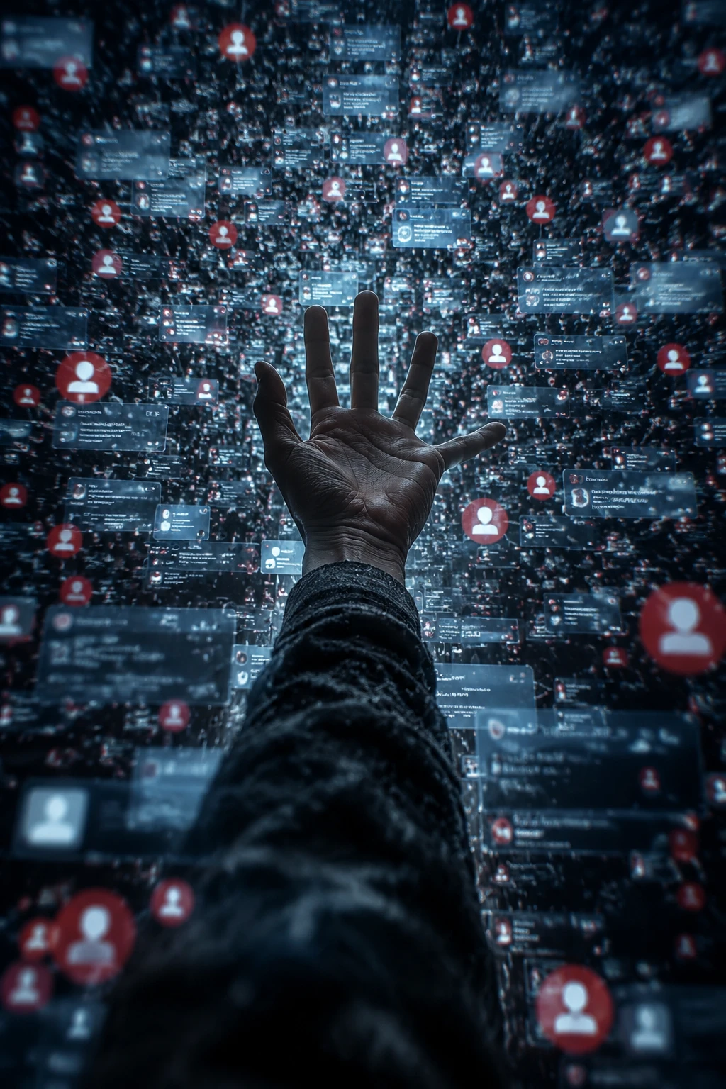 Hand, die sich durch chaotische digitale Benachrichtigungen und rote Symbole streckt