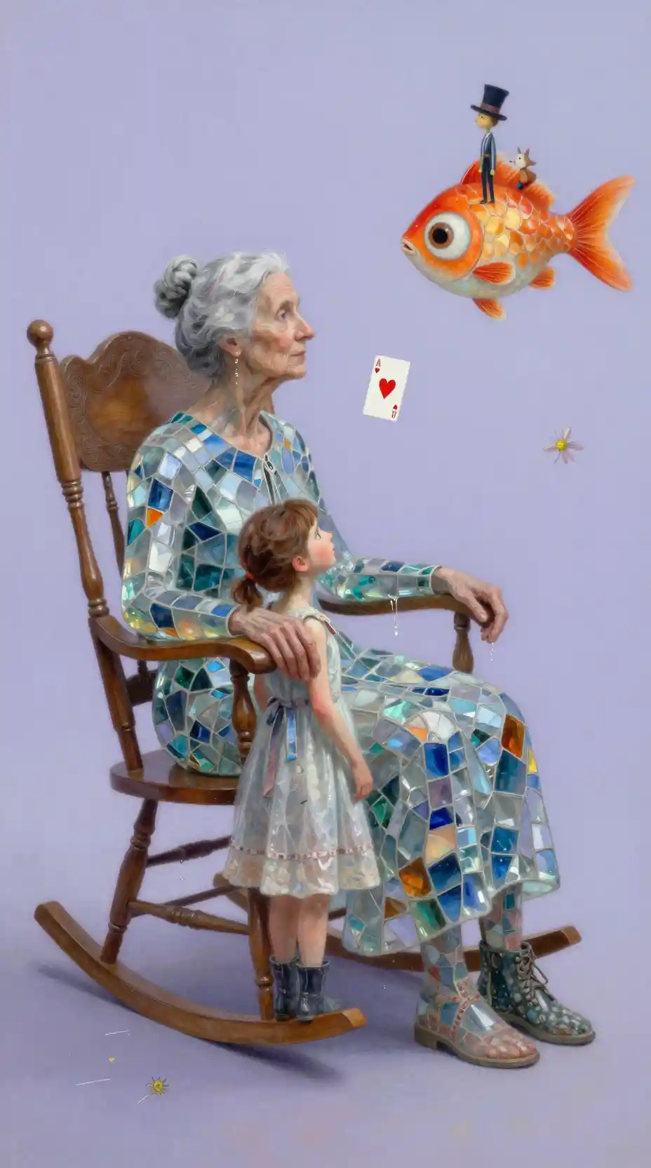 Donna di vetro surreale nel quieto riflesso lavanda