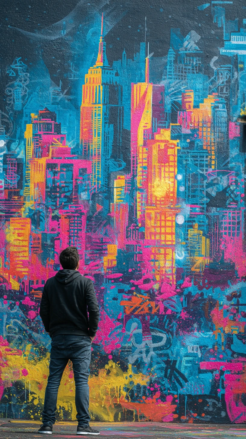 Mural colorido de arte de rua com paisagem urbana dinâmica
