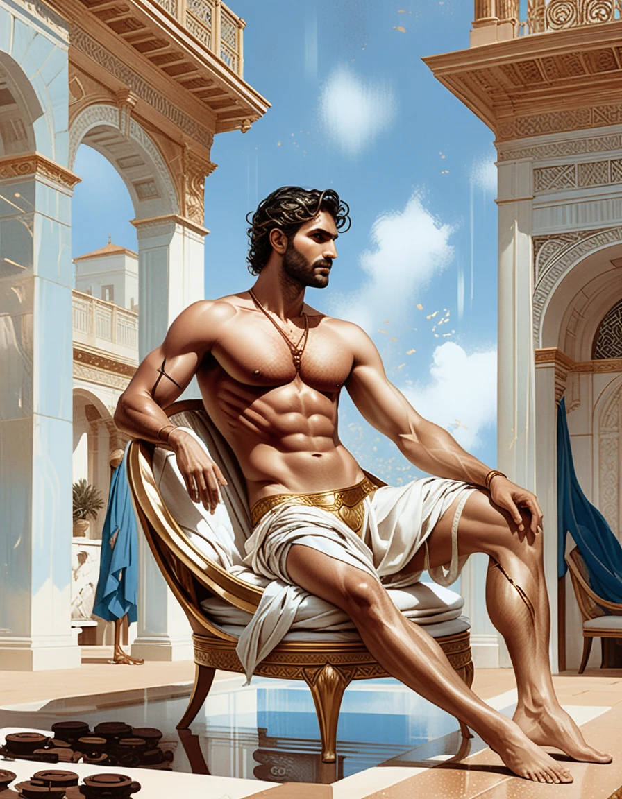 Figura masculina bronzeada relaxando em um luxuoso pátio romano