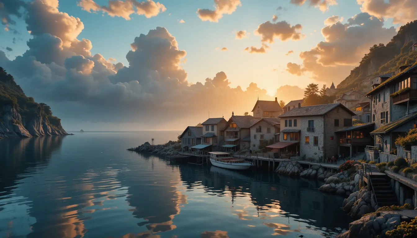 Peaceful coastal village at sunset with reflective calm waters