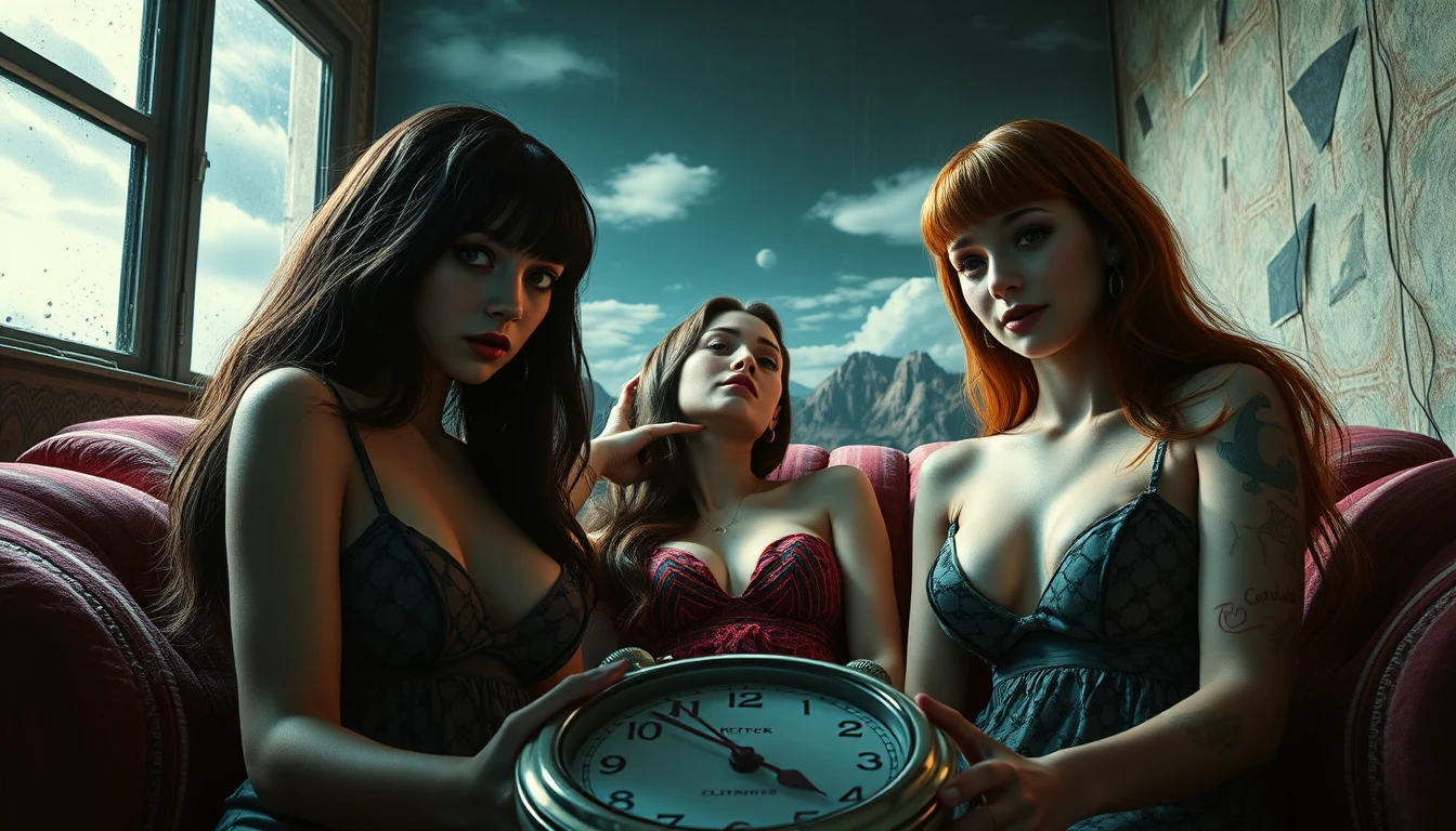 Três mulheres em um interior escuro e surreal de decadência cômica