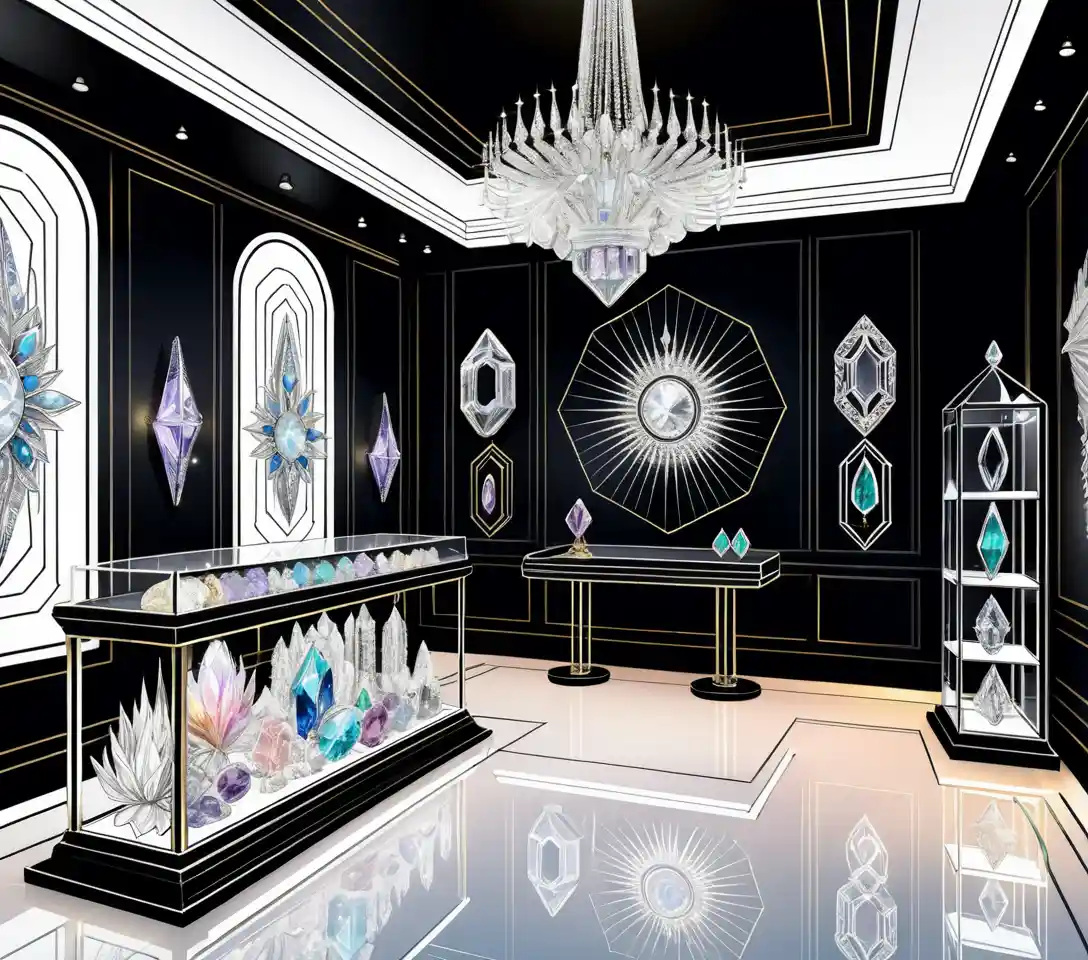 Mystische Kristallschmuck-Galerie im sonnendurchfluteten okkulten Interieur