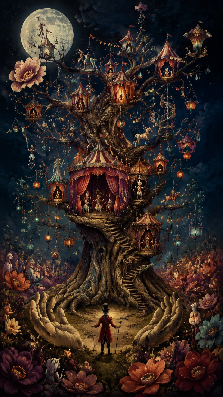 Ancient Moonlit Tree Turned Into A Tiny Surreal Circus
