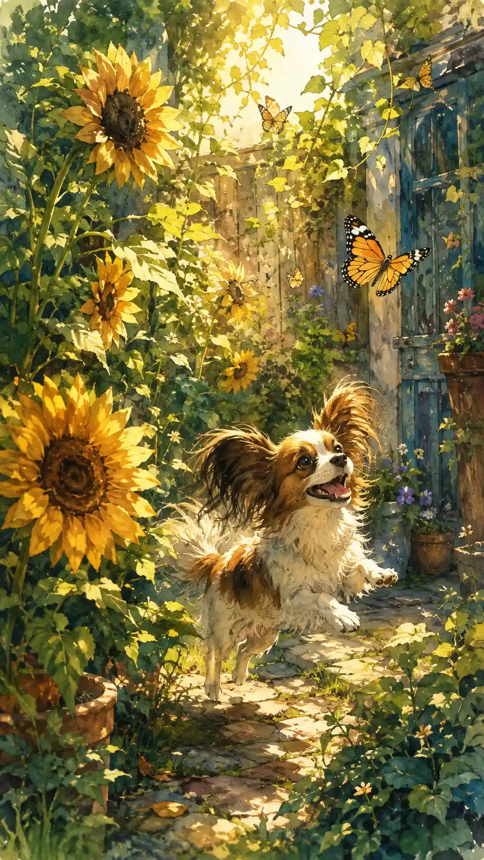 Cane giocherellone che insegue farfalle in un angolo soleggiato del giardino