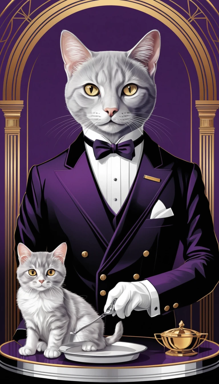 Maggiordomo spettrale che serve un gatto inquietante in stile art déco