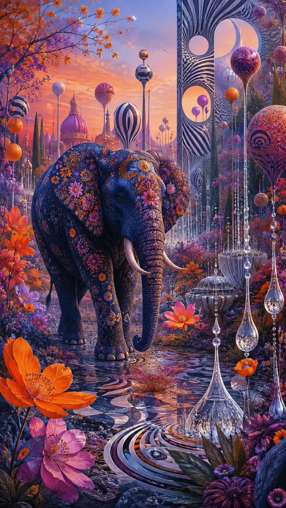 Whimsical Blue Elephant In A Surreal Fantasy Garden