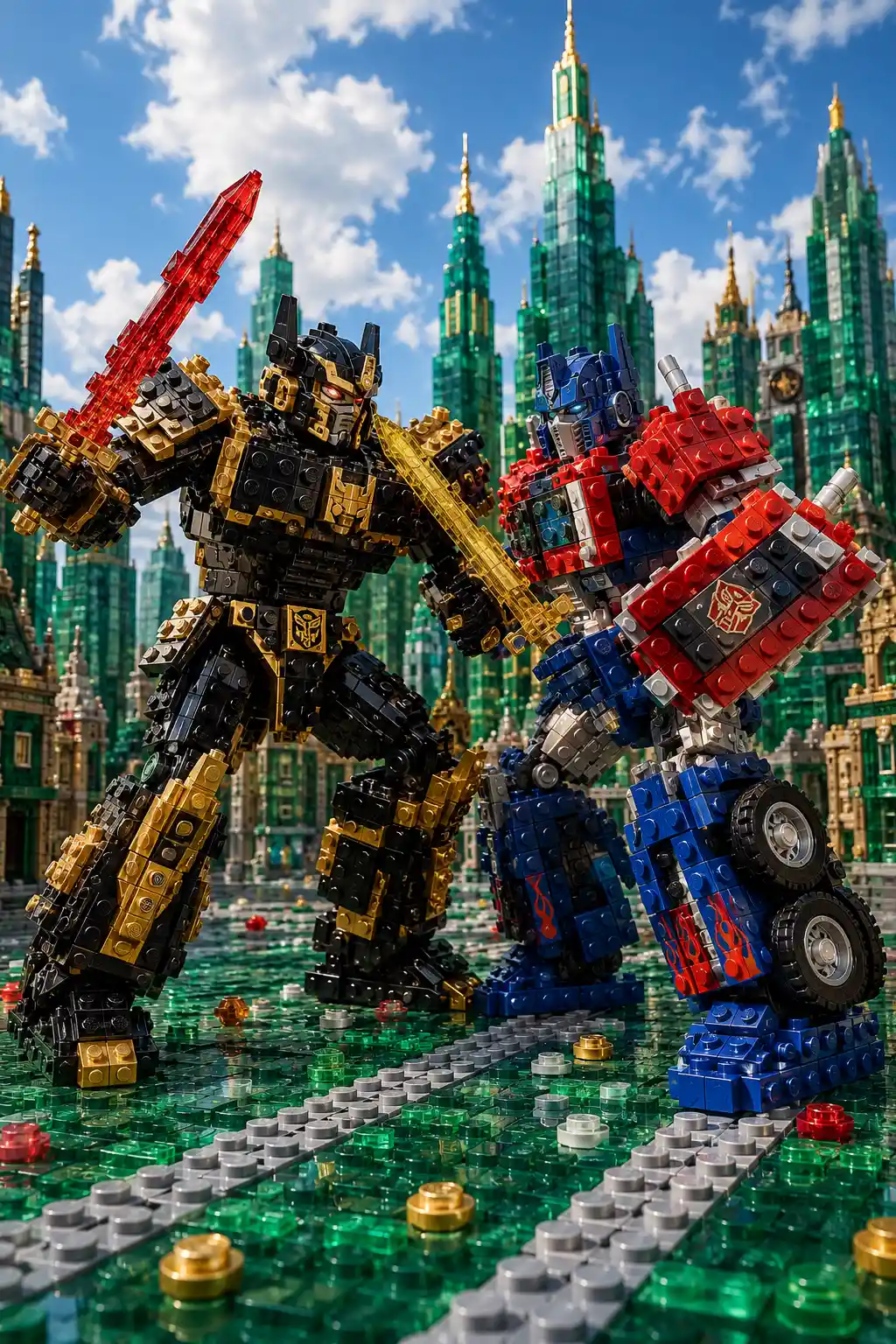 Lego robot warriors clash in a sunlit brick New York city