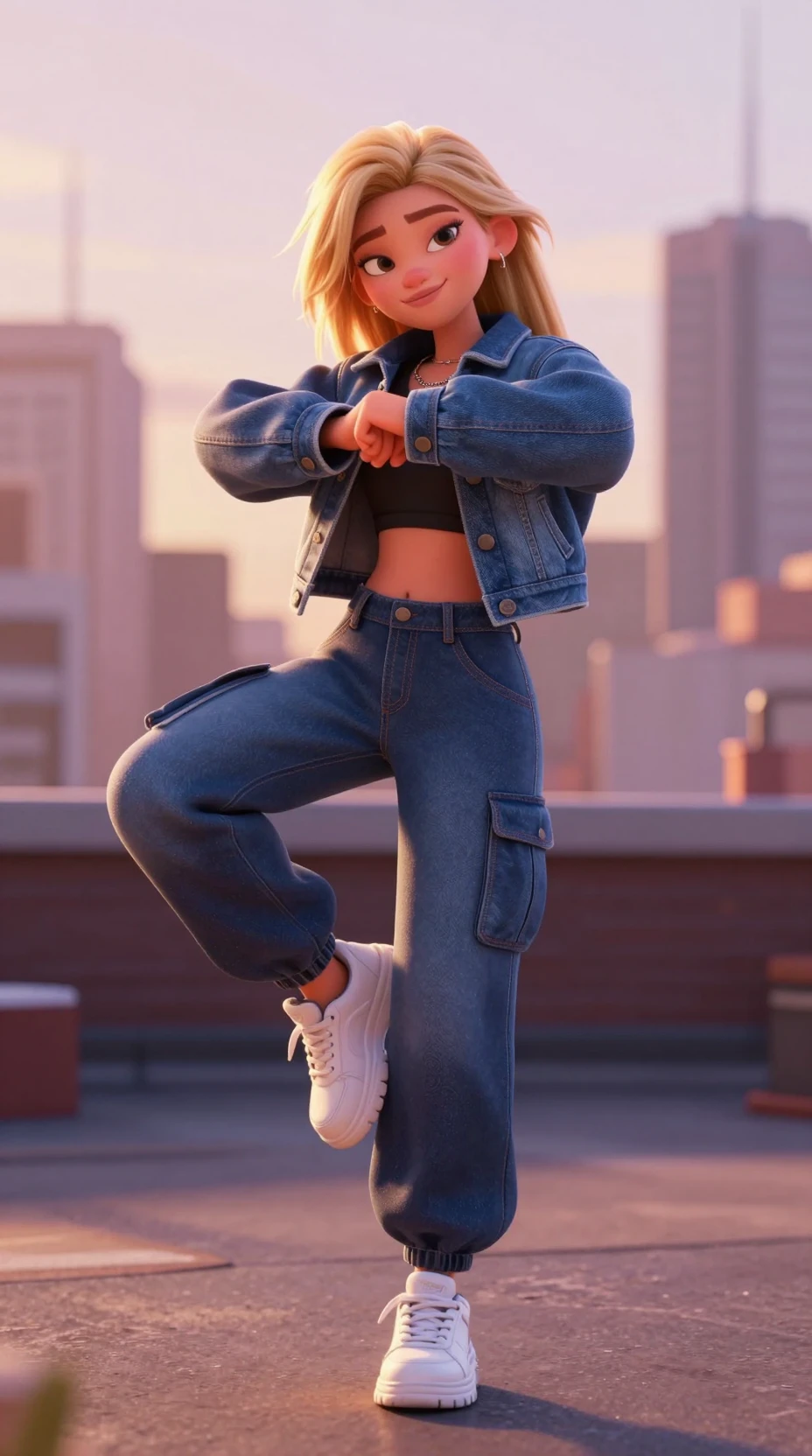 Jovem garota dançando em um rooftop urbano ao pôr do sol