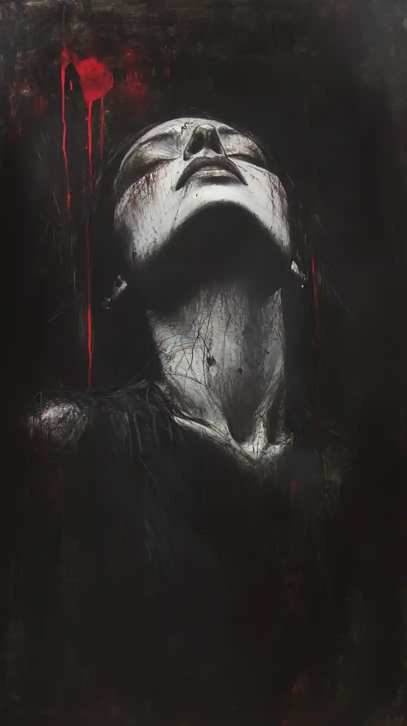 Impasto painting of a dark woman amid compressed shadows