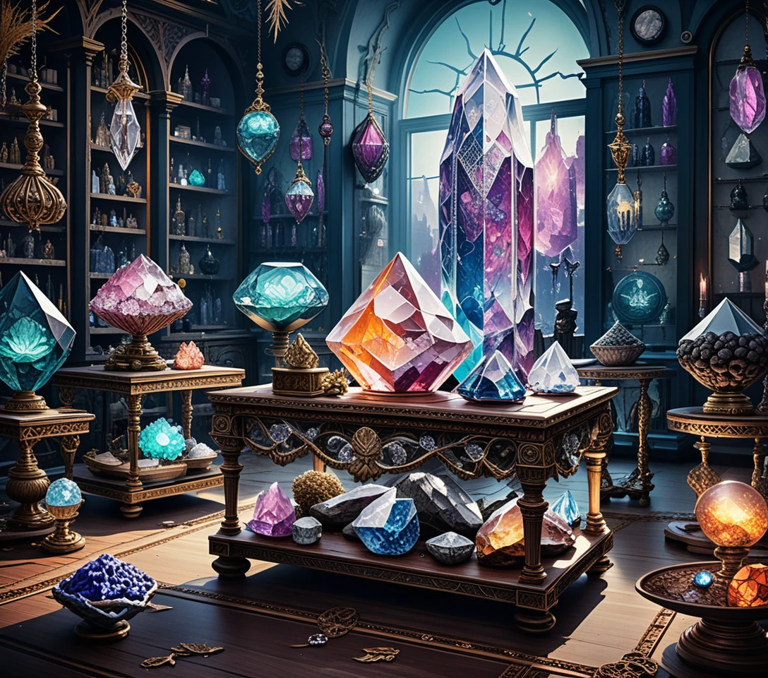 Mystische Kristallschmuck-Galerie im Sonnenlicht
