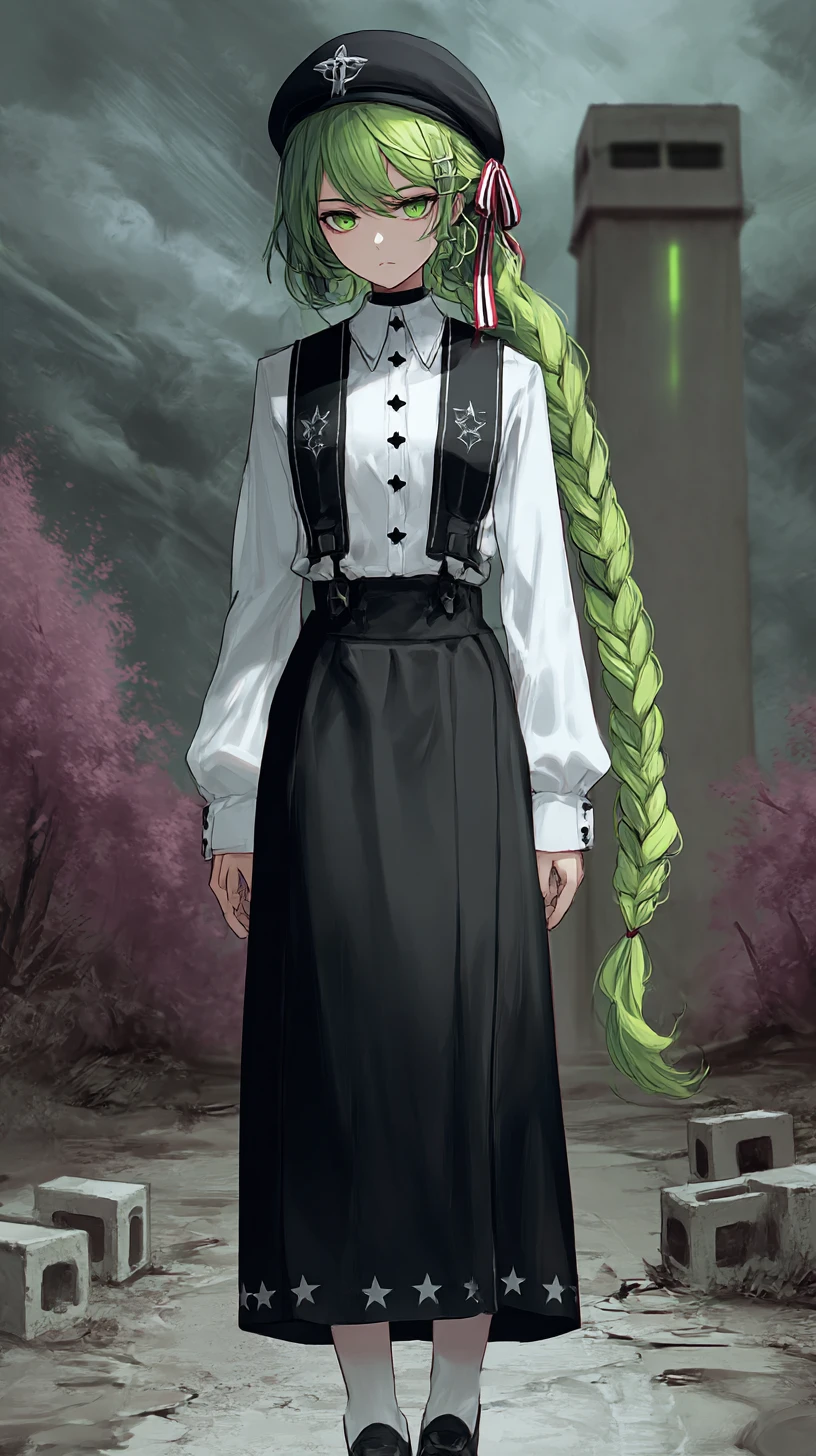 Fille d’anime aux cheveux verts avec des étoiles en uniforme sombre