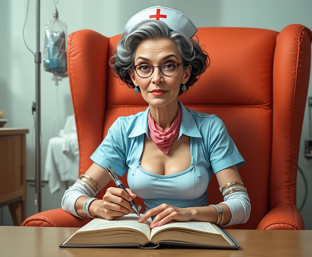 Idosa escrevendo na poltrona com equipos médicos surreais