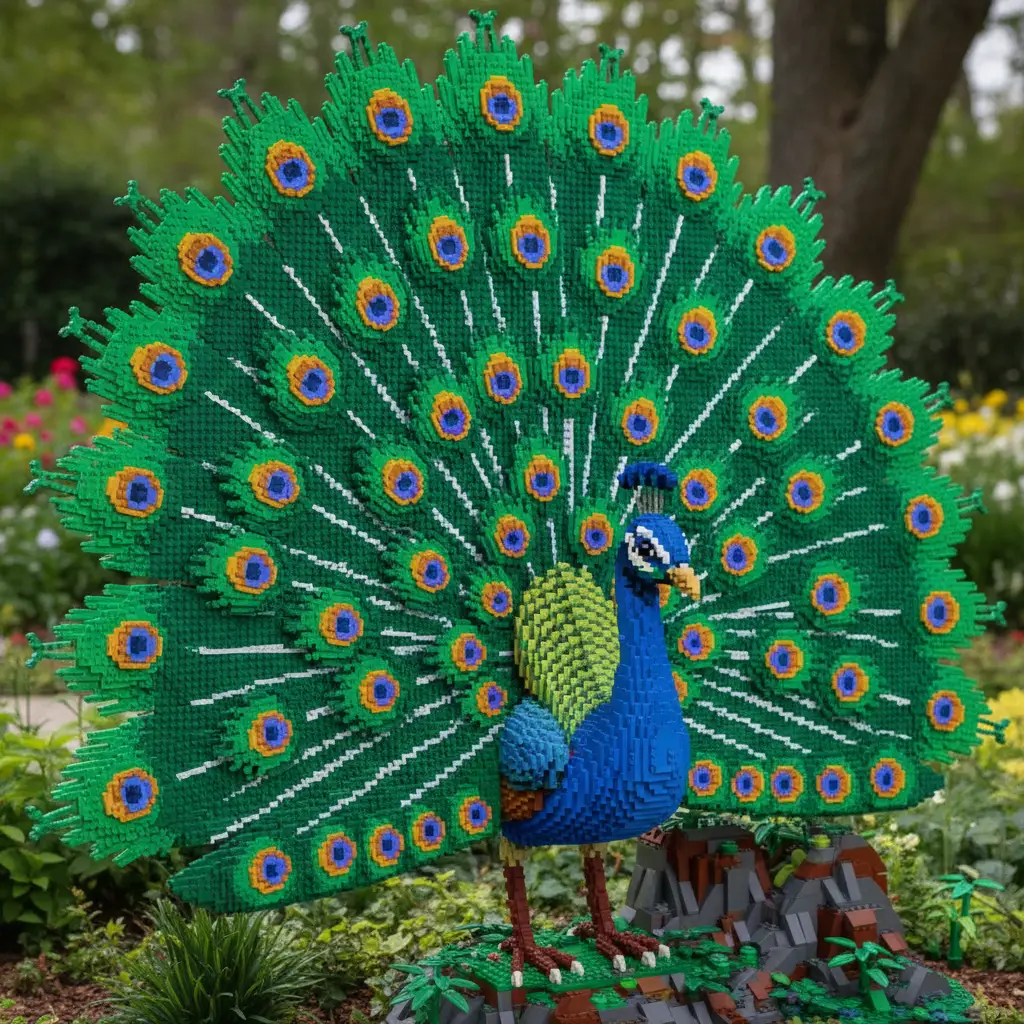 Colorful peacock built from detailed lego blocks