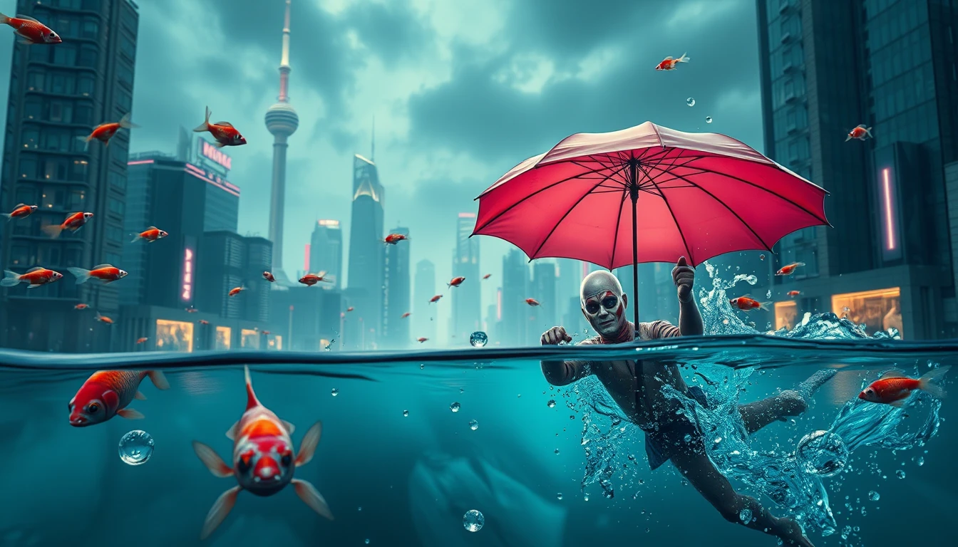 Herói aquático surreal com guarda-chuva rosa em cidade neon