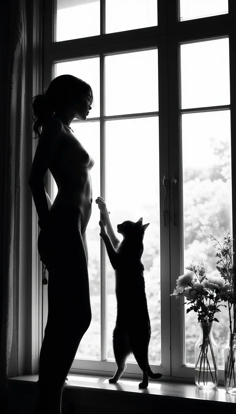 Silhouette di una donna alla finestra con un gatto che si allunga