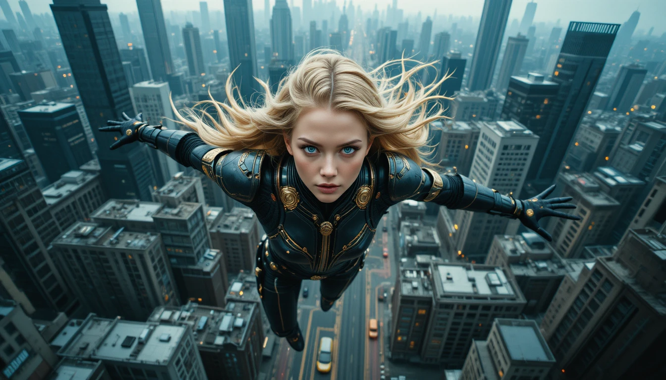 Flying heroine above a futuristic cinematic cityscape