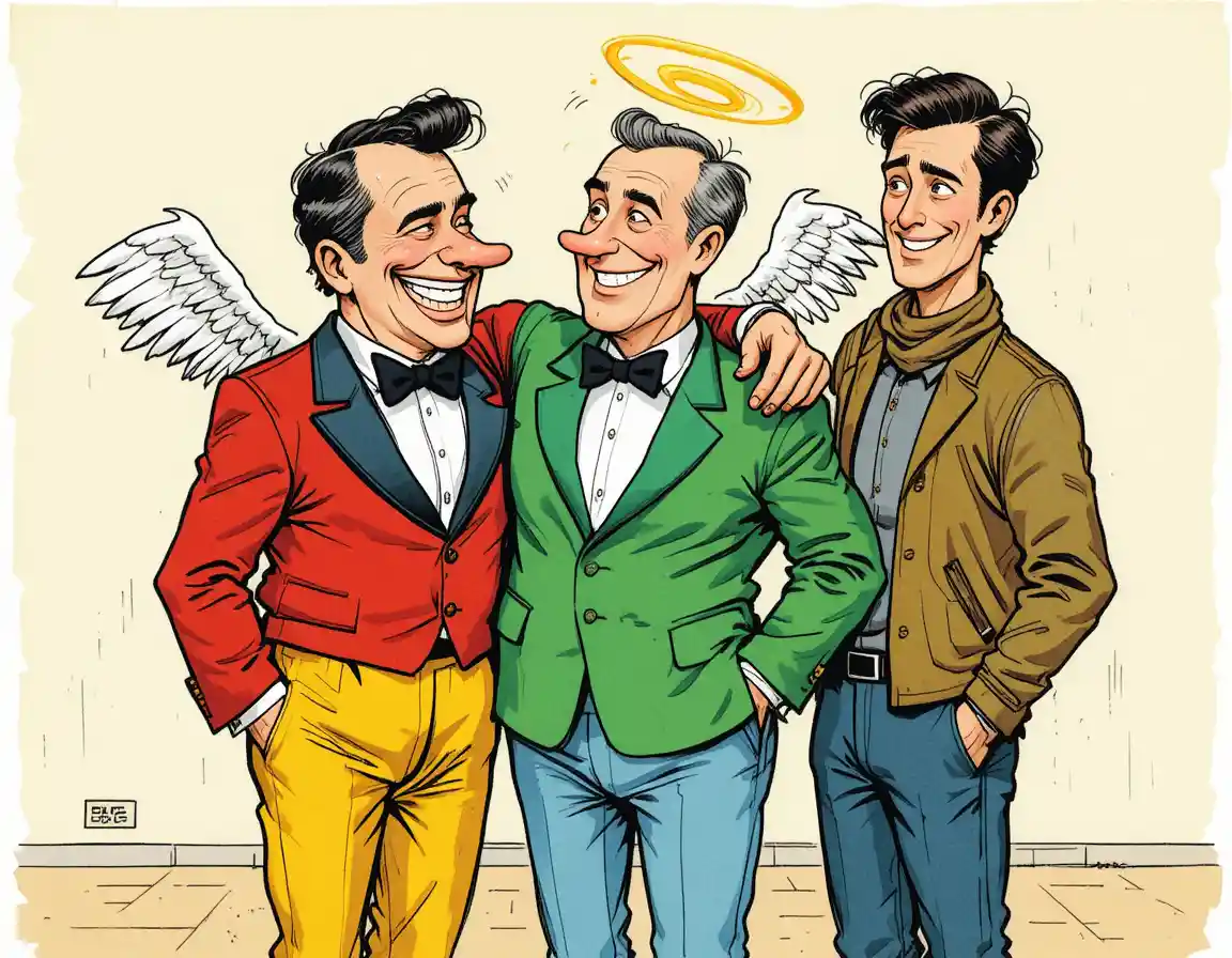 Cartoon trio of men in humorous comic style scene