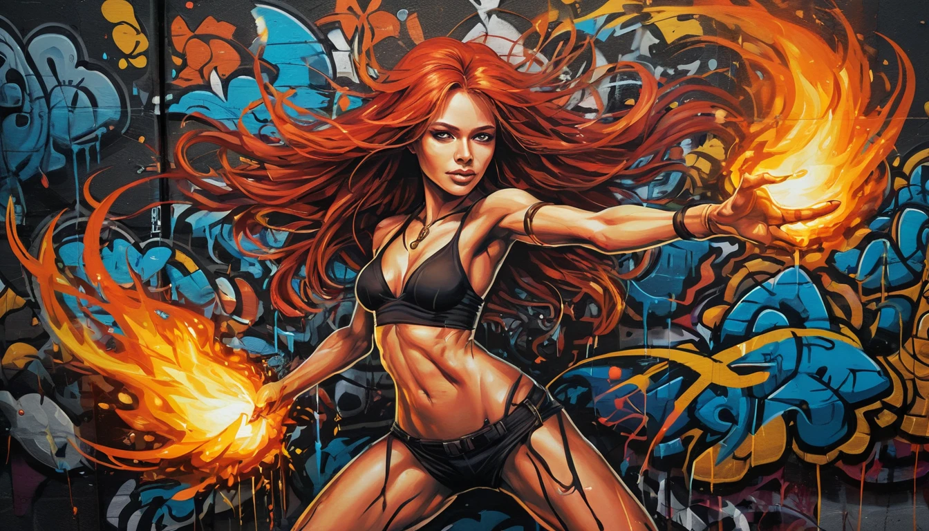 Tre impavide guerriere amazzoni nude con fiammeggianti capelli rossi