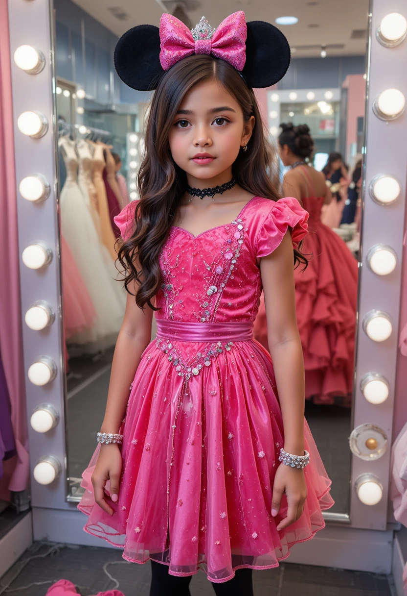 Adolescente nervosa com vestido de princesa rosa nos fundos da loja