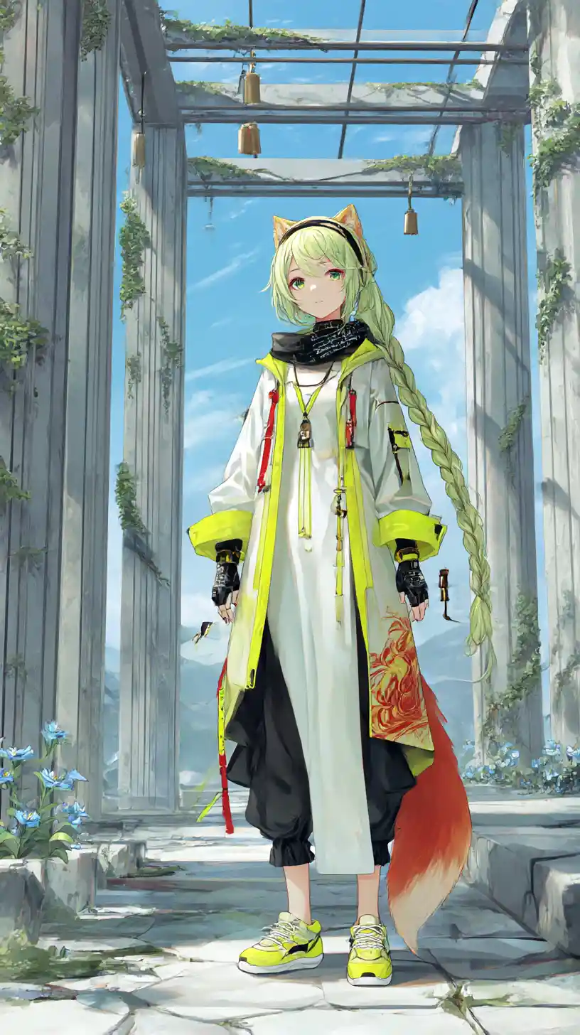 Garota de anime futurista com roupa neon e trança longa