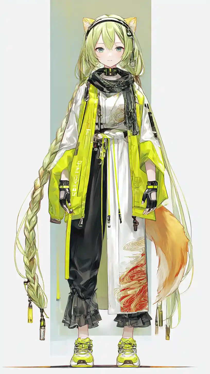 Futuristic anime girl in neon outfit inside grand hall
