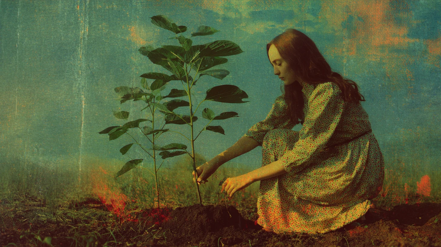 Mulher plantando árvores em um universo surreal de plantas verdes