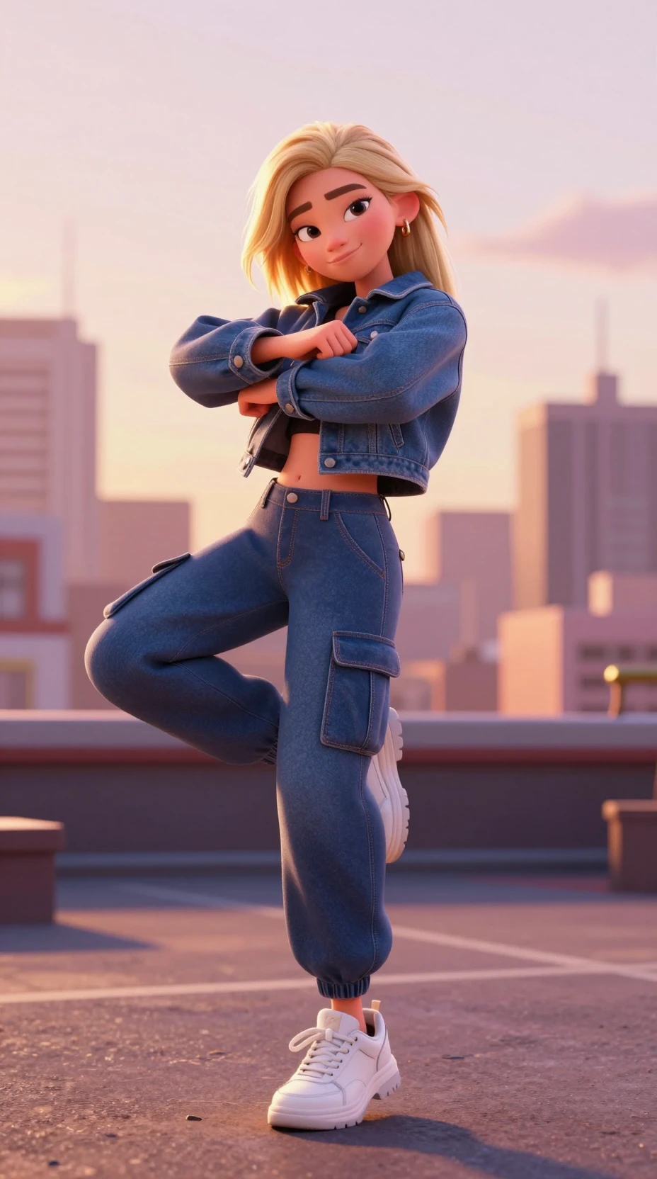 Garota loira dançando em rooftop urbano ao pôr do sol