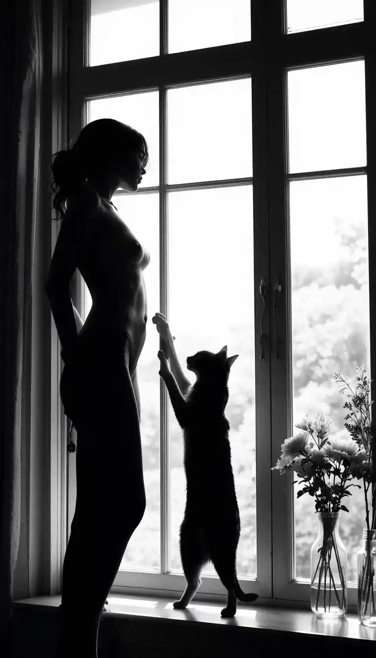 Silhouette of a woman by a window with a reaching cat